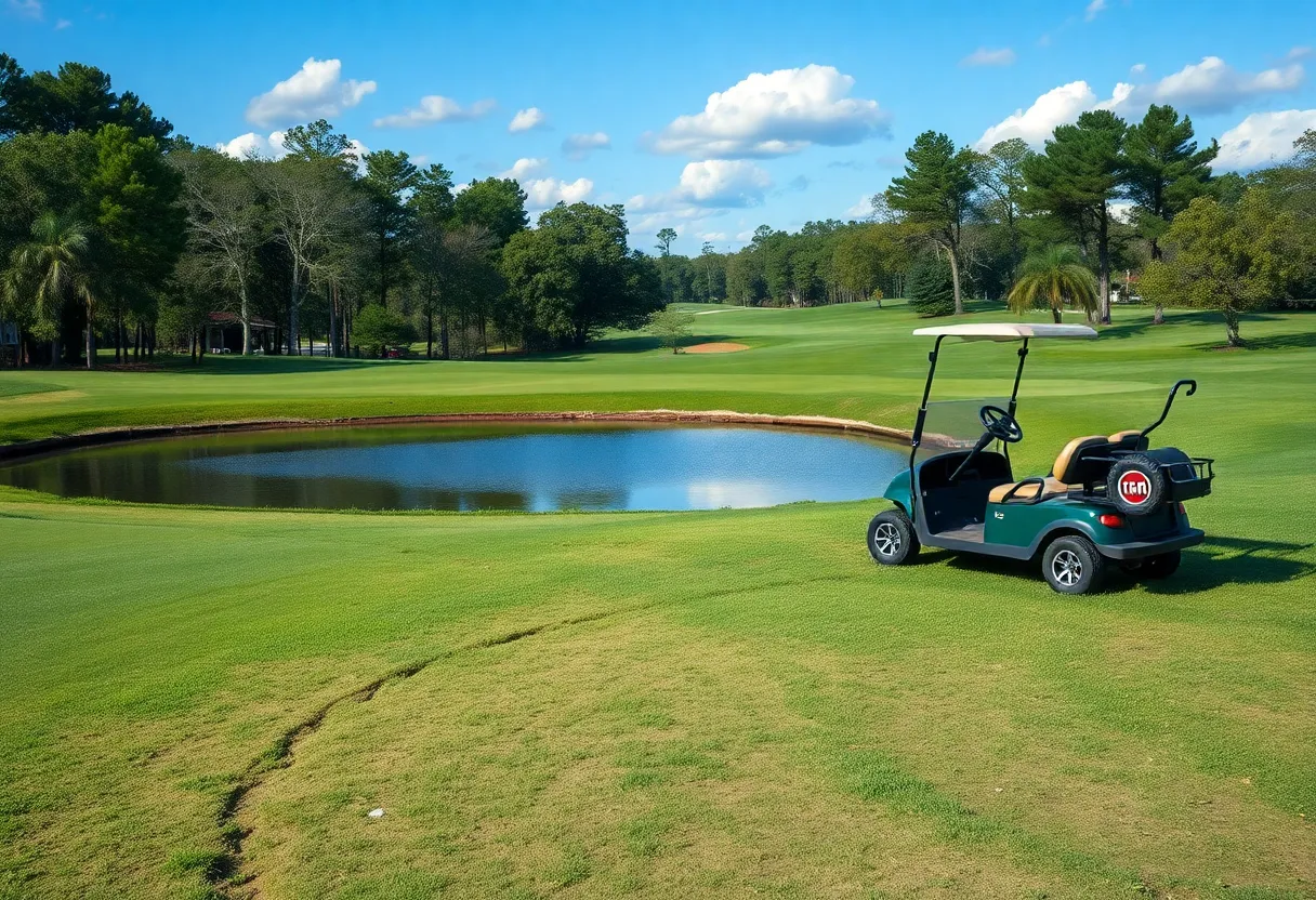 Damaged golf course with tire tracks and a golf cart in a pond