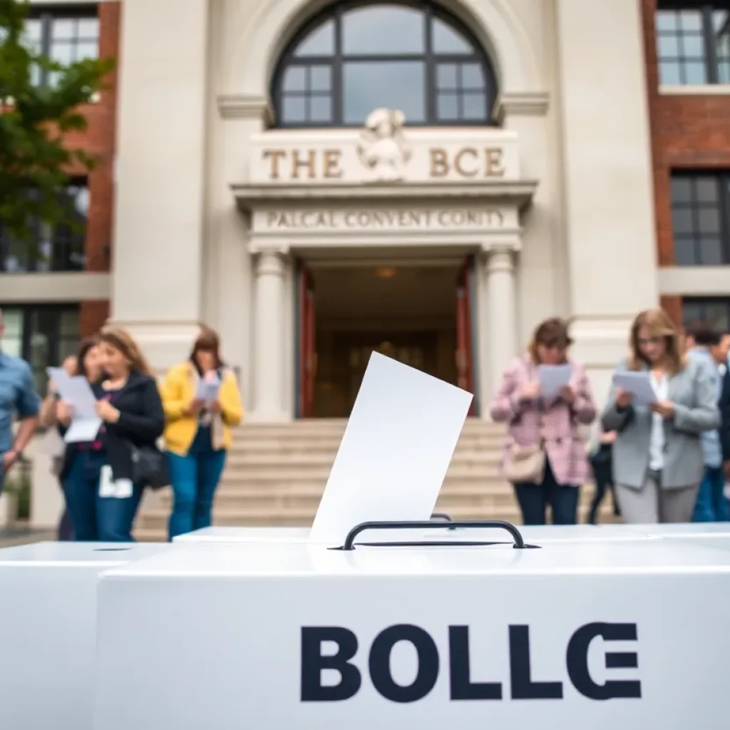 Voters casting their ballots in front of a government building during local elections