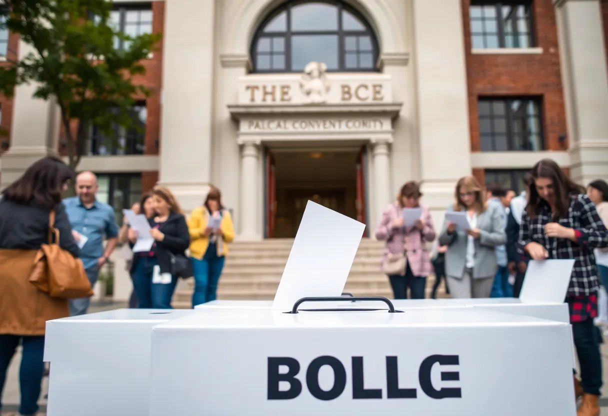Voters casting their ballots in front of a government building during local elections