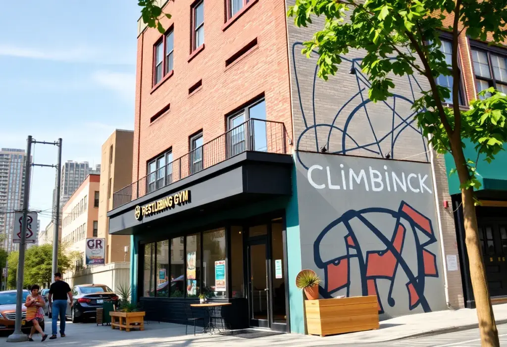 Vibrant street view of 321 Starr Street in Bushwick featuring a restaurant and climbing gym.