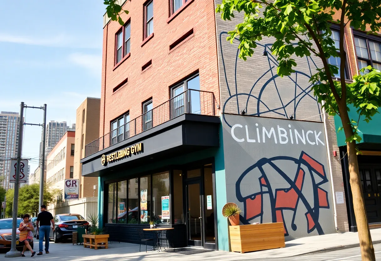 Vibrant street view of 321 Starr Street in Bushwick featuring a restaurant and climbing gym.