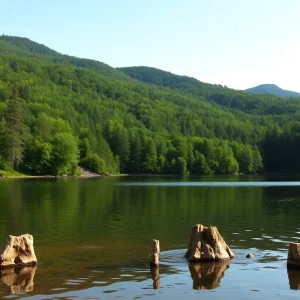 A picturesque view of the Adirondacks lake with fishing activities.