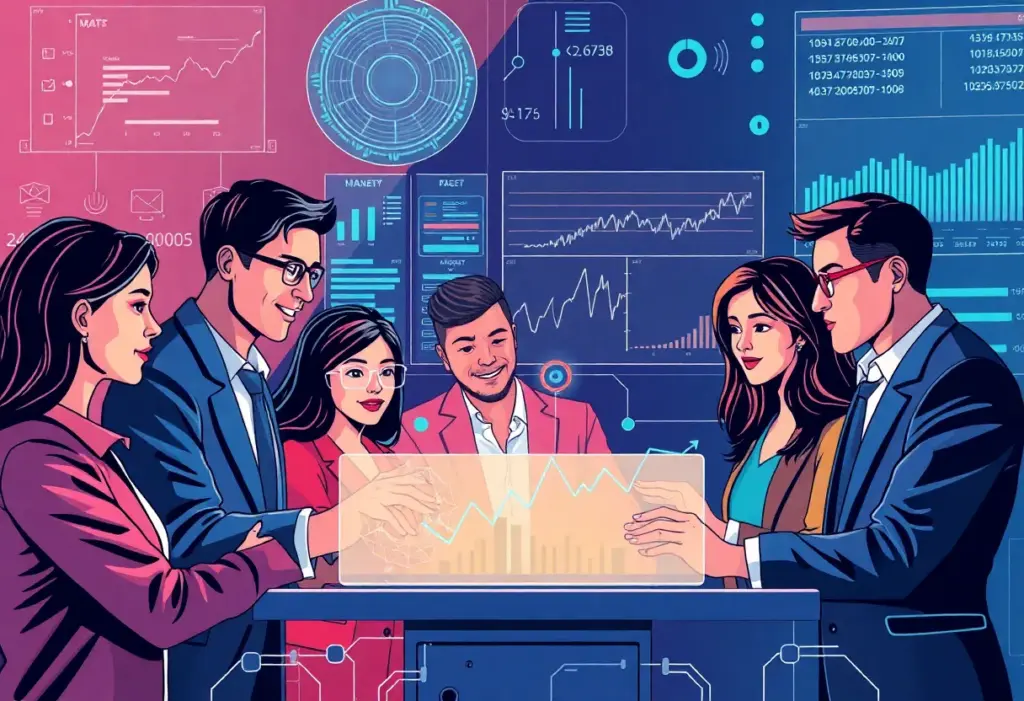 Diverse professionals using AI technology for finance