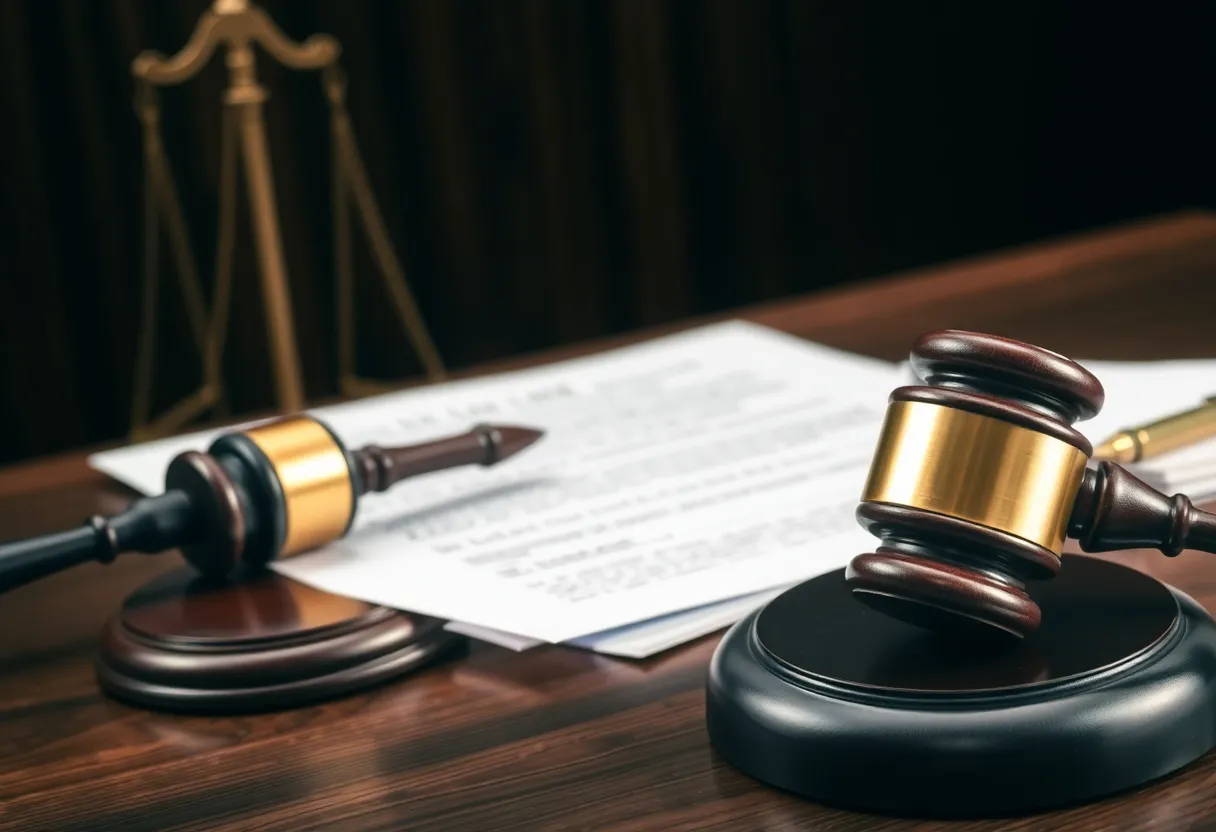 Courtroom scene depicting a lawsuit over labor laws