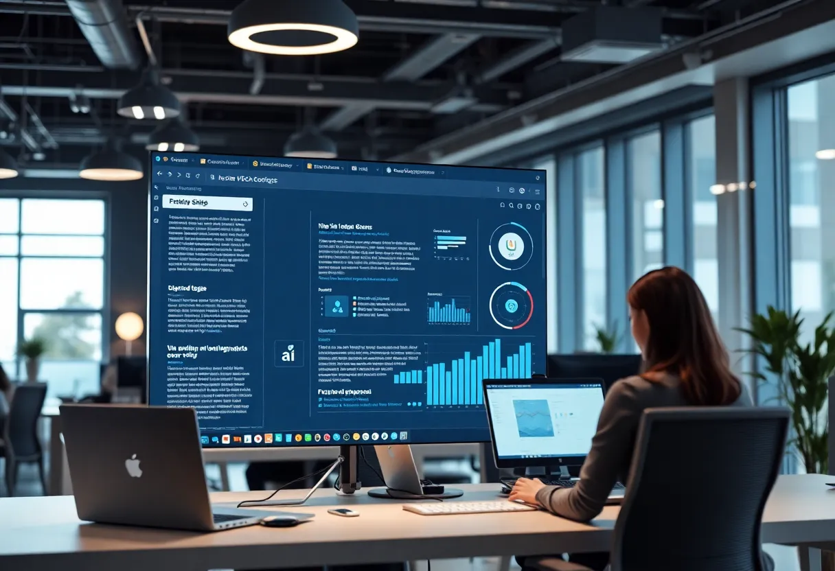 An office scene with professionals using AI-driven web browsers.