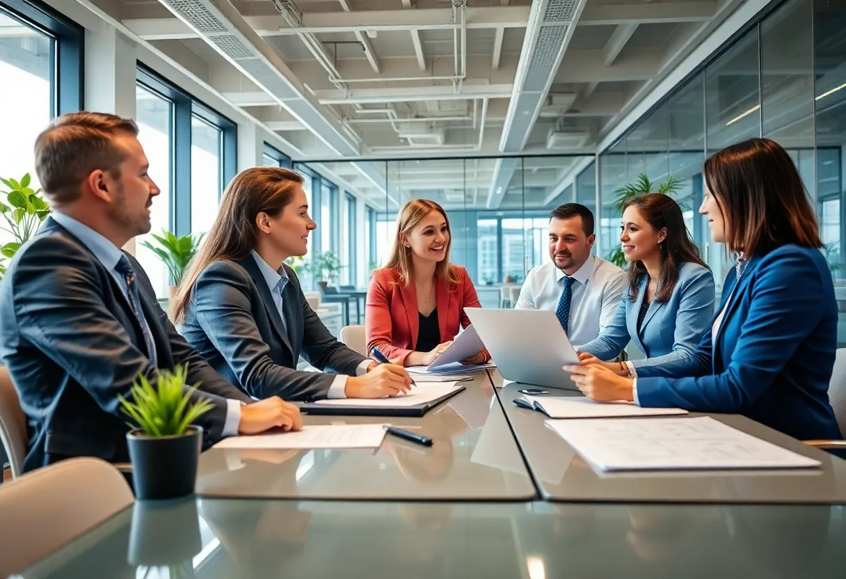 Team of real estate professionals discussing property valuations in an office setting.