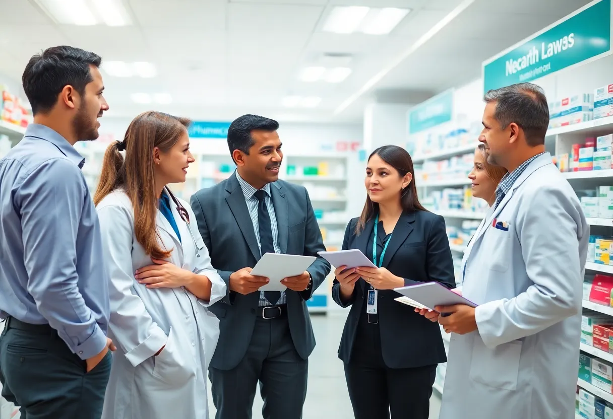 Legal professionals collaborating on pharmacy services