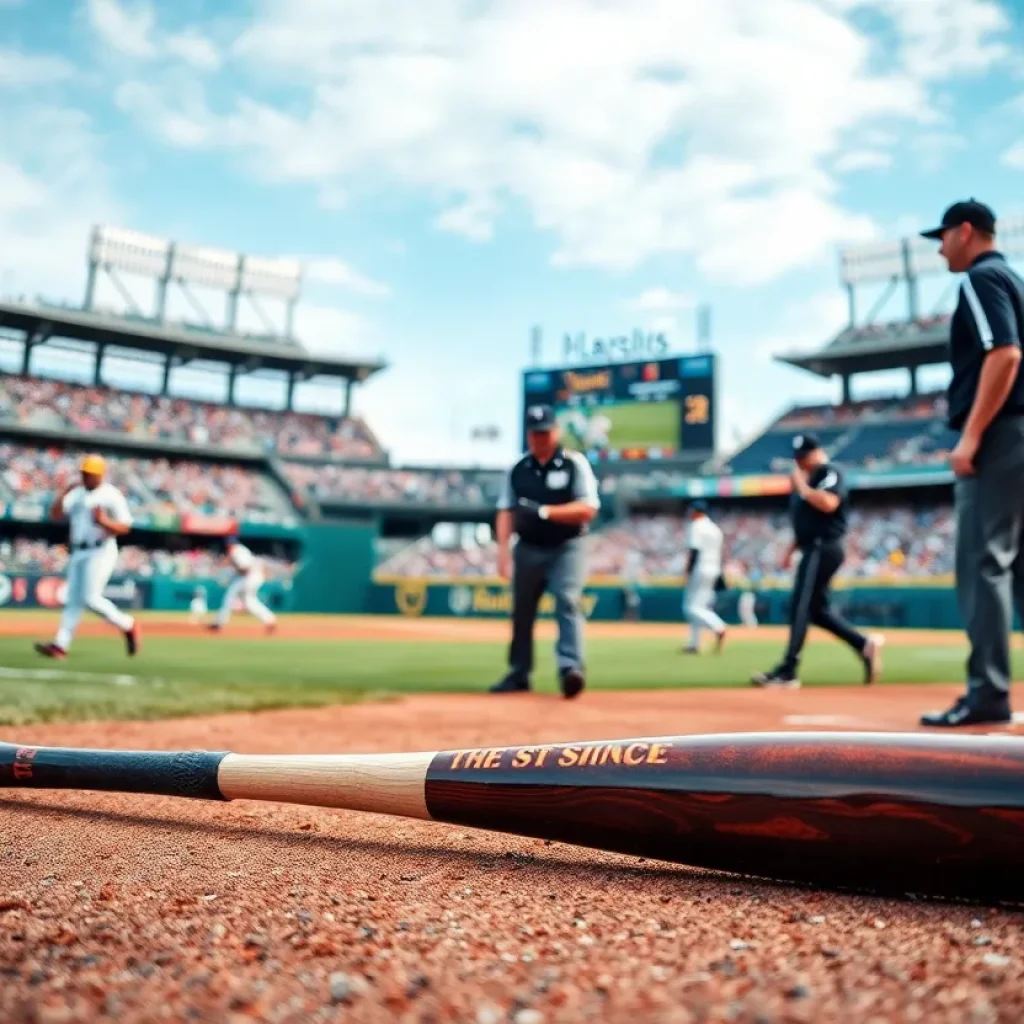 Baseball field with players and a bat on the ground