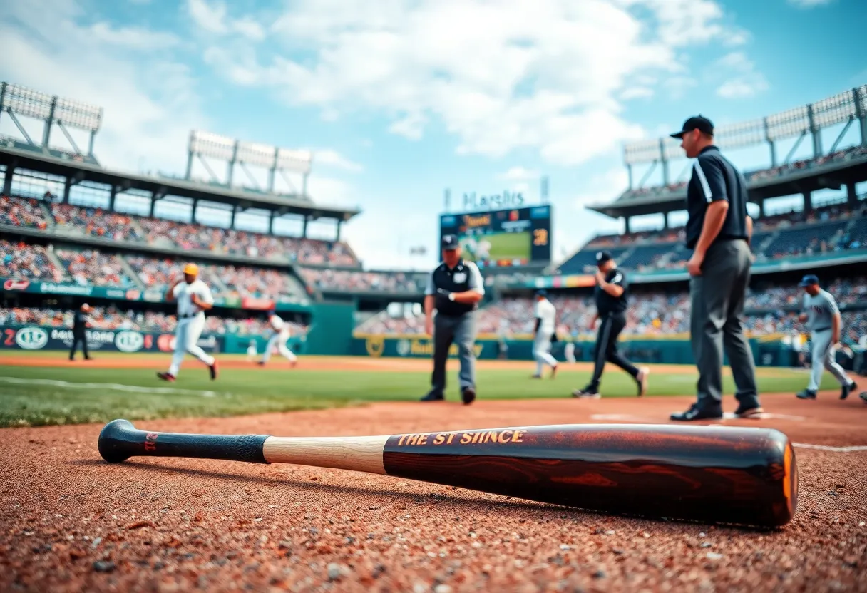 Baseball field with players and a bat on the ground