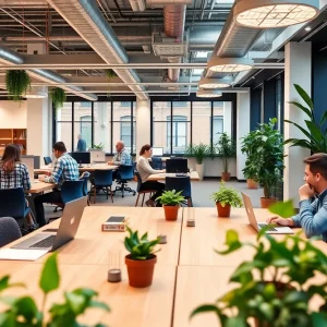 Office scene in New York City with employees working together