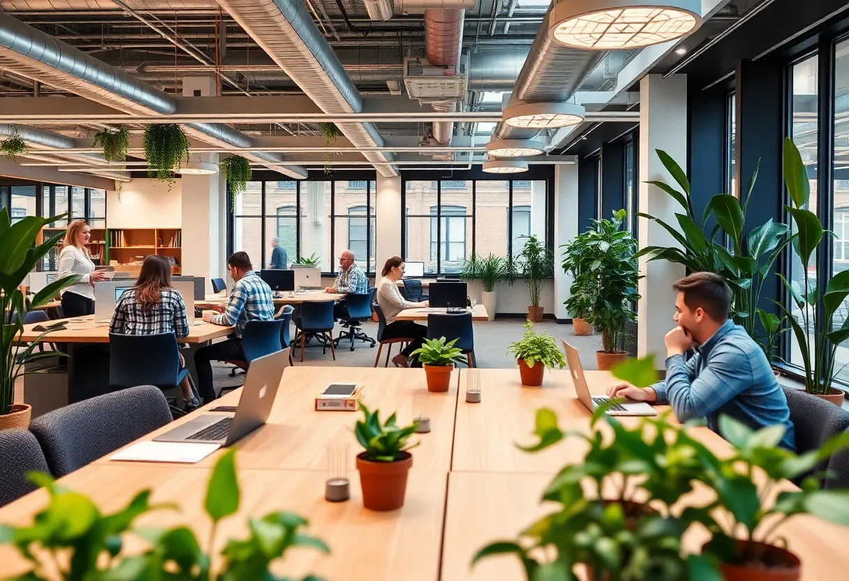 Office scene in New York City with employees working together