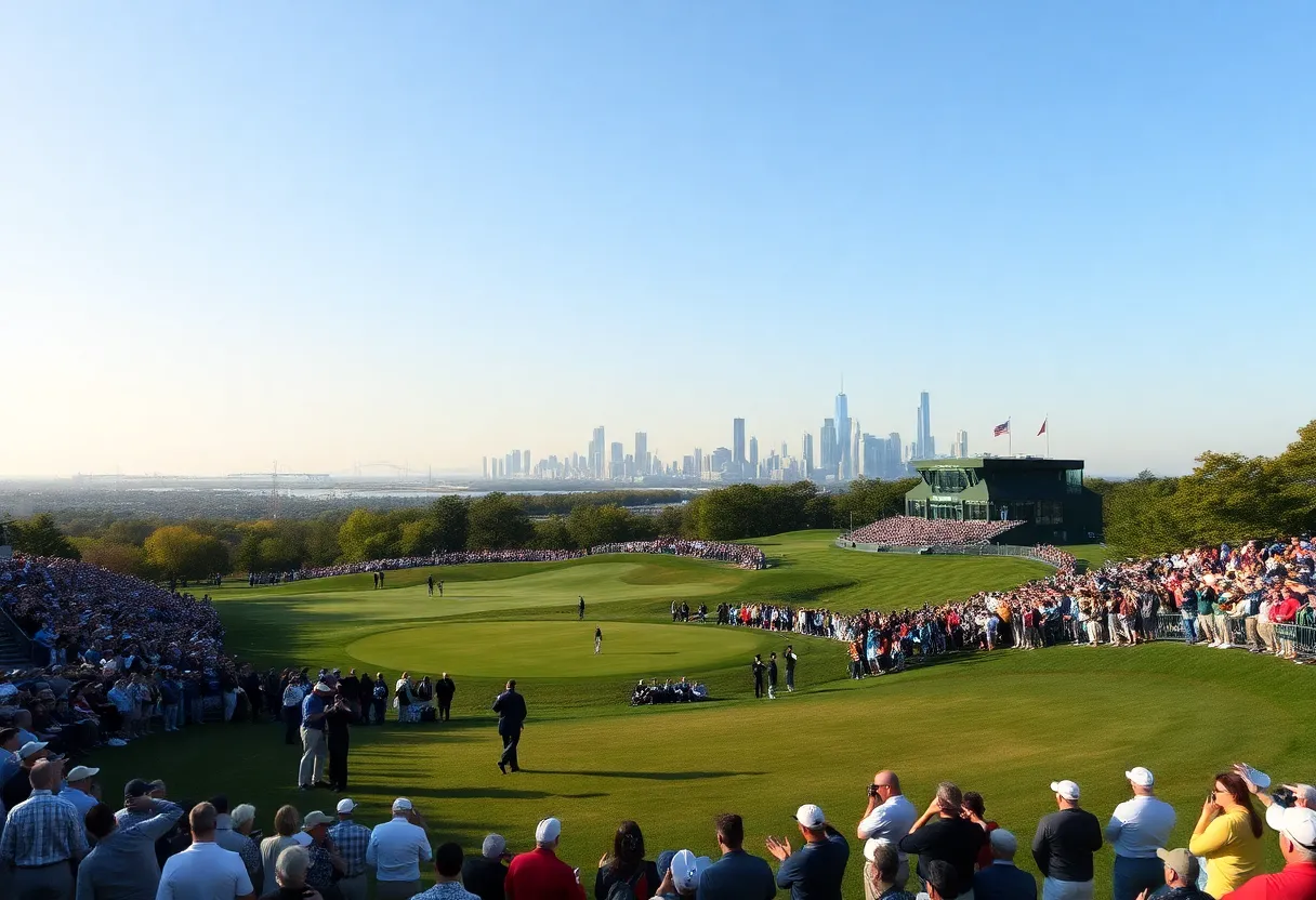 Bethpage Black golf course during the Ryder Cup event with enthusiastic fans