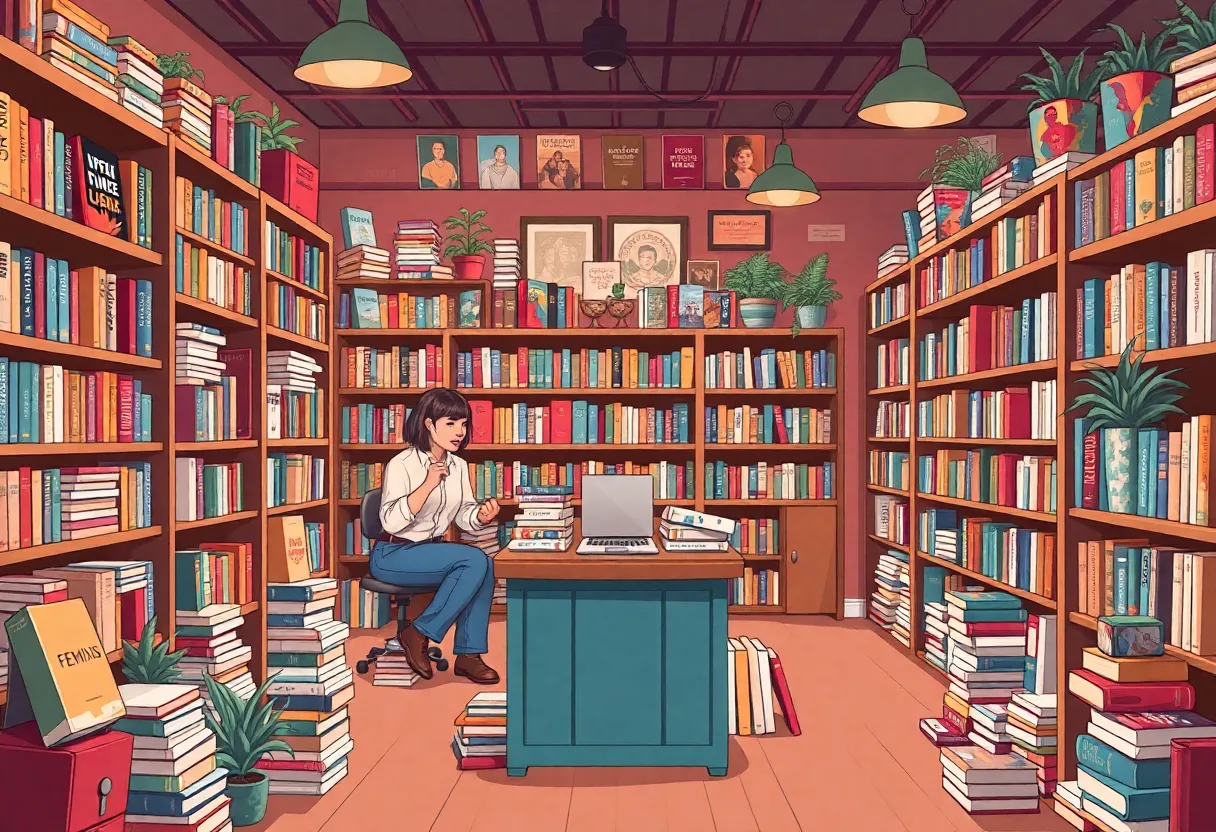 Interior view of Bluestockings Cooperative, a feminist bookstore with bookshelves.
