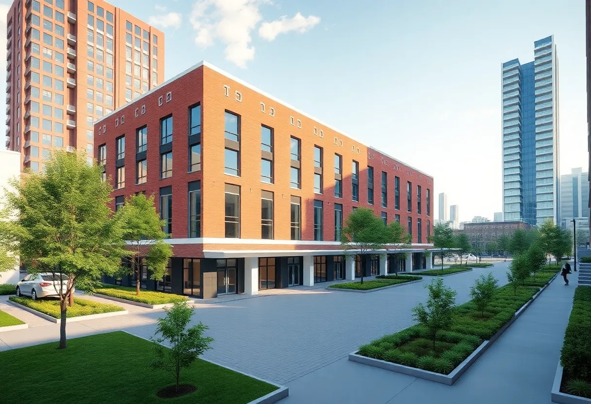 Architectural design of Brownsville Arts Center and Apartments showing red brick and white contrasting elements.