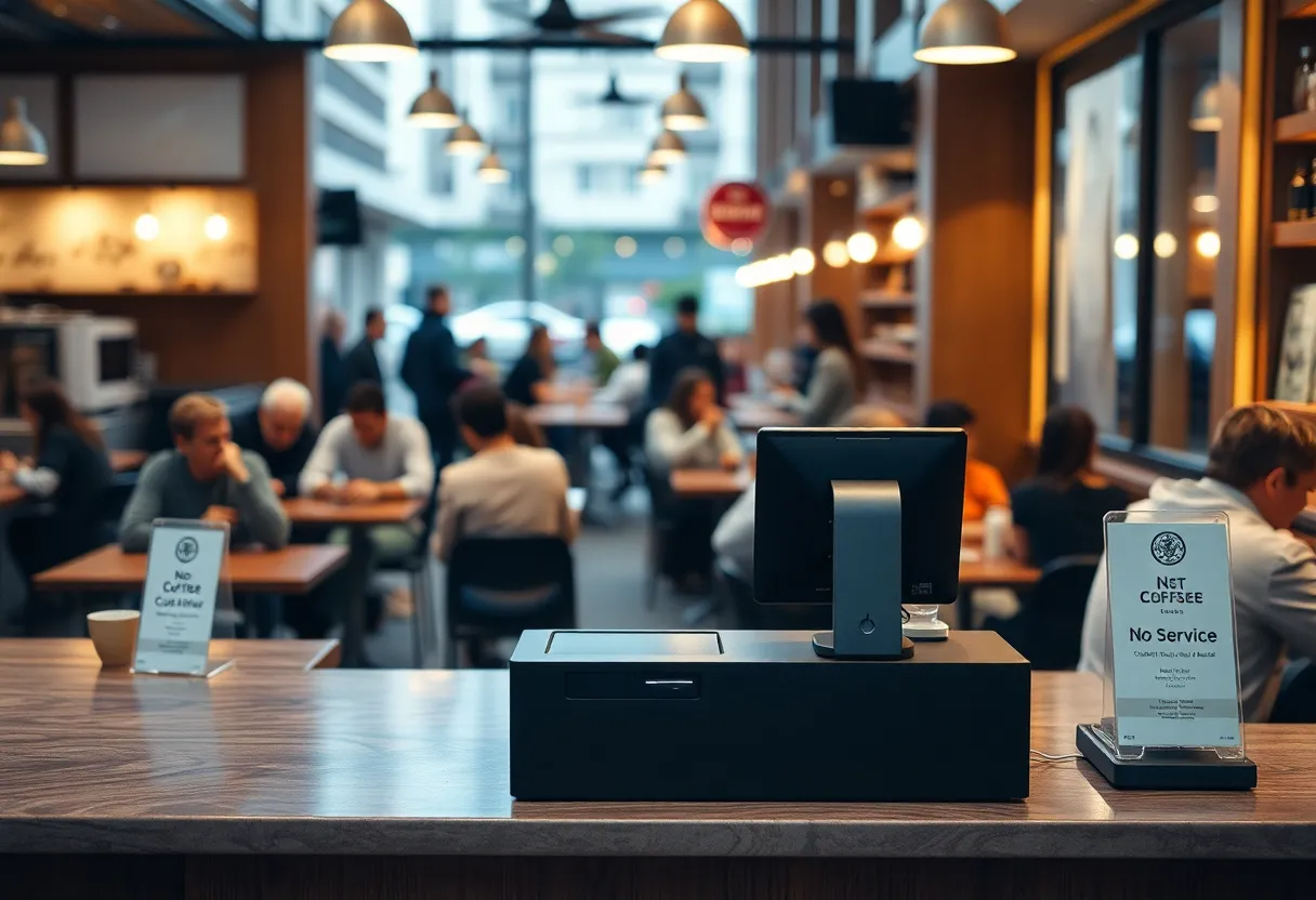 Café setting in New York City with patrons and coffee counter