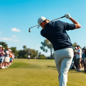 Young golfer practicing swing on green course