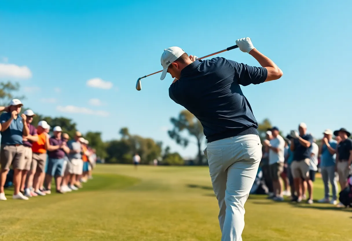 Young golfer practicing swing on green course