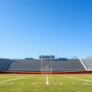 Empty football field with caution tape indicating cancellation