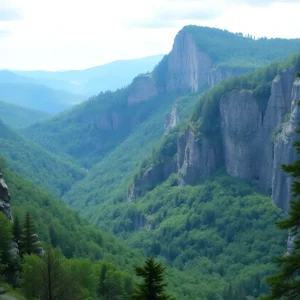 Scenic view of the Catskill Mountains showing steep cliffs and dense woods