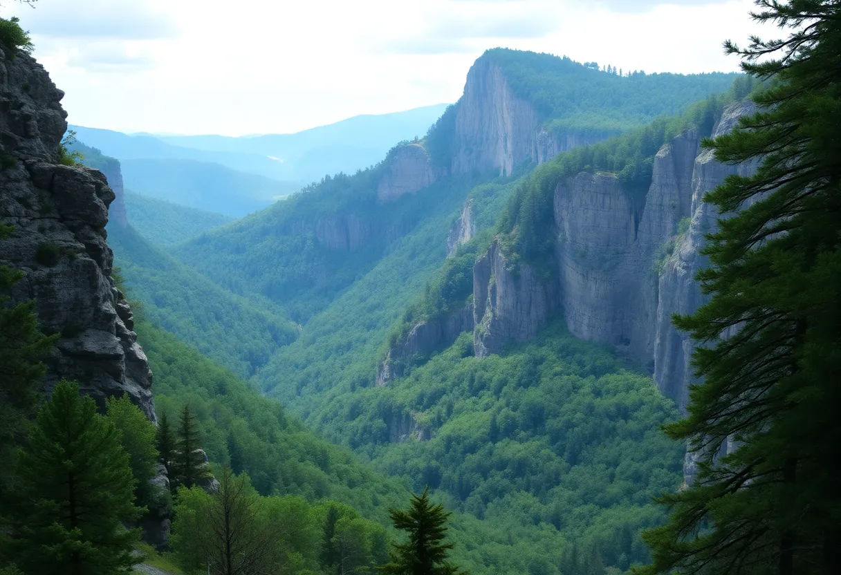 Scenic view of the Catskill Mountains showing steep cliffs and dense woods
