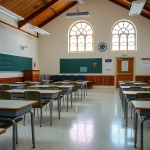Empty classroom with sanitizing supplies during COVID-19 closure