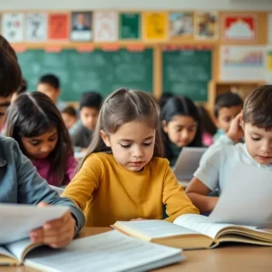 Diverse classroom with students reading and doing math exercises