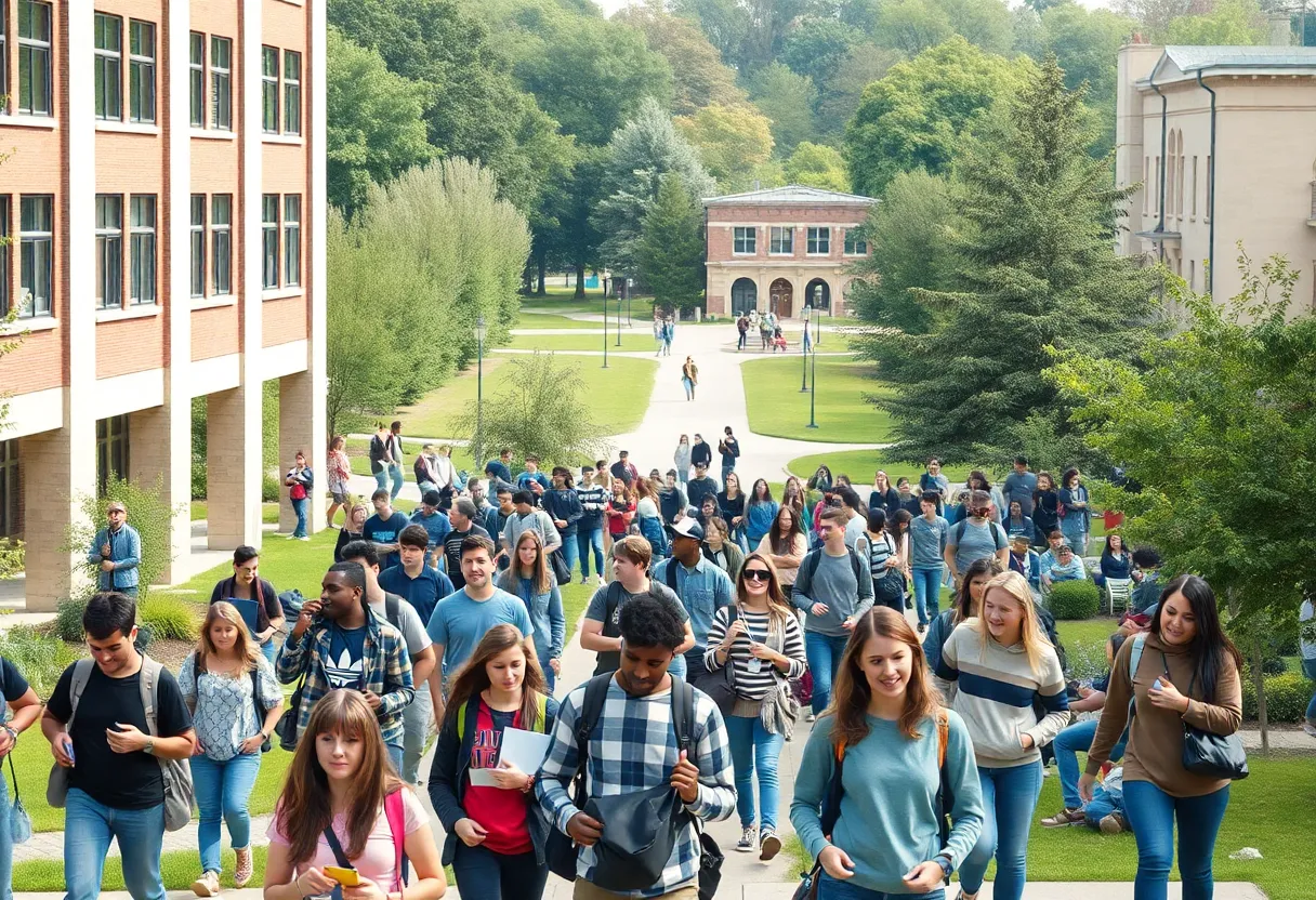 Students on a college campus engaged in study and social activities