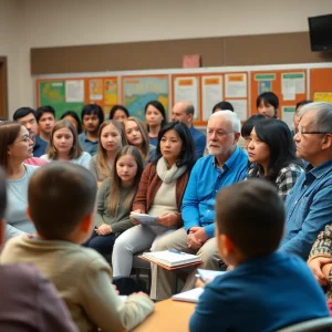 Parents discussing school closures at a community meeting