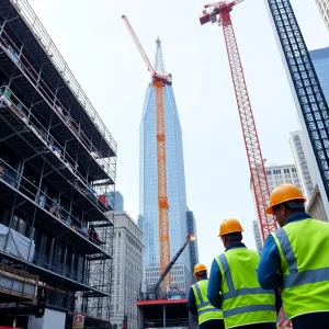 Busy construction site in New York with cranes and scaffolding.
