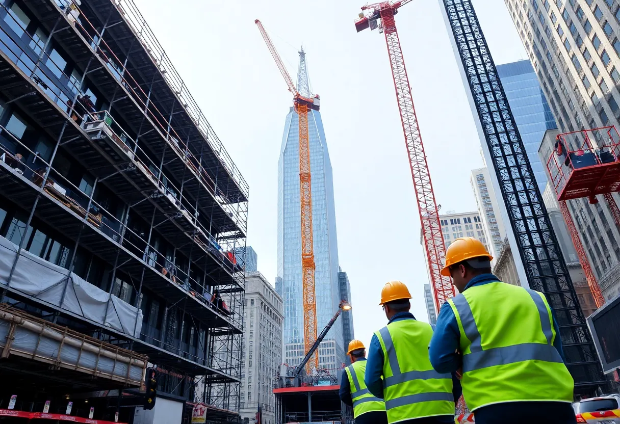 Busy construction site in New York with cranes and scaffolding.