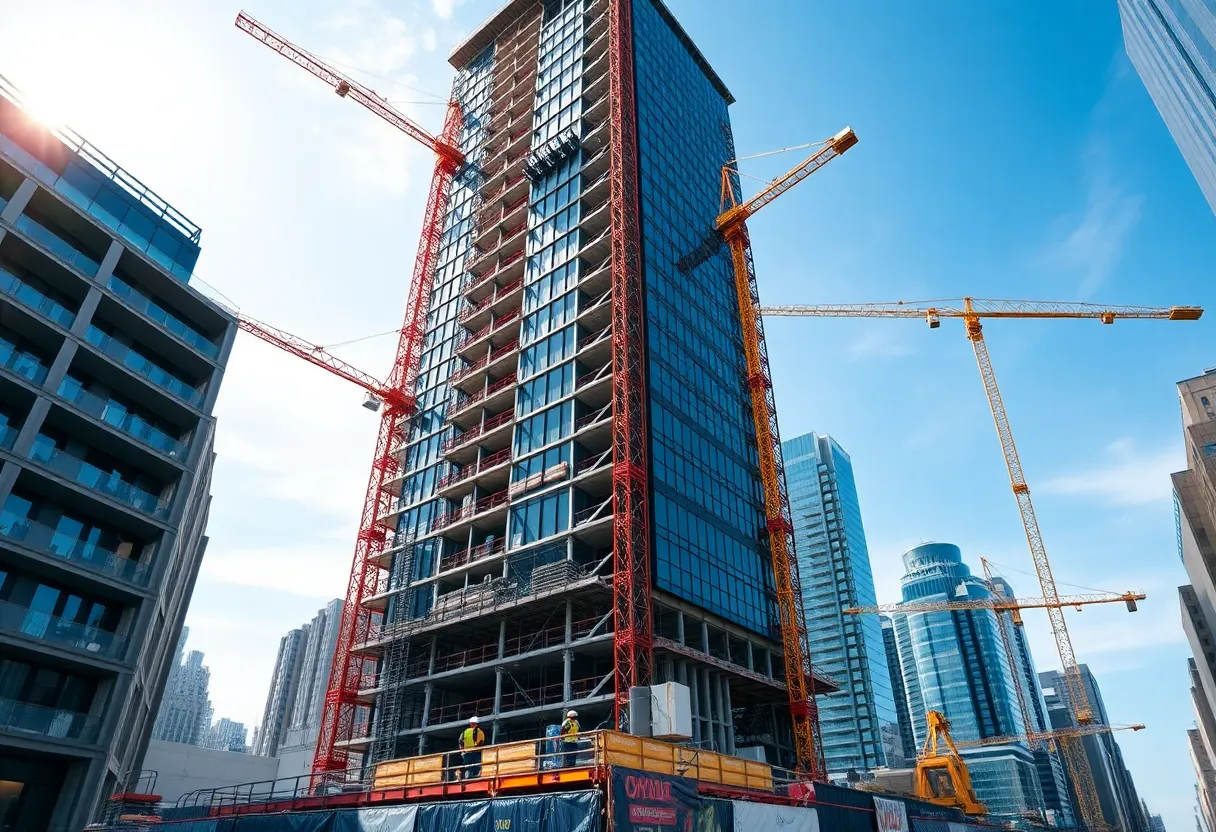 Construction site featuring cranes and workers in New York City