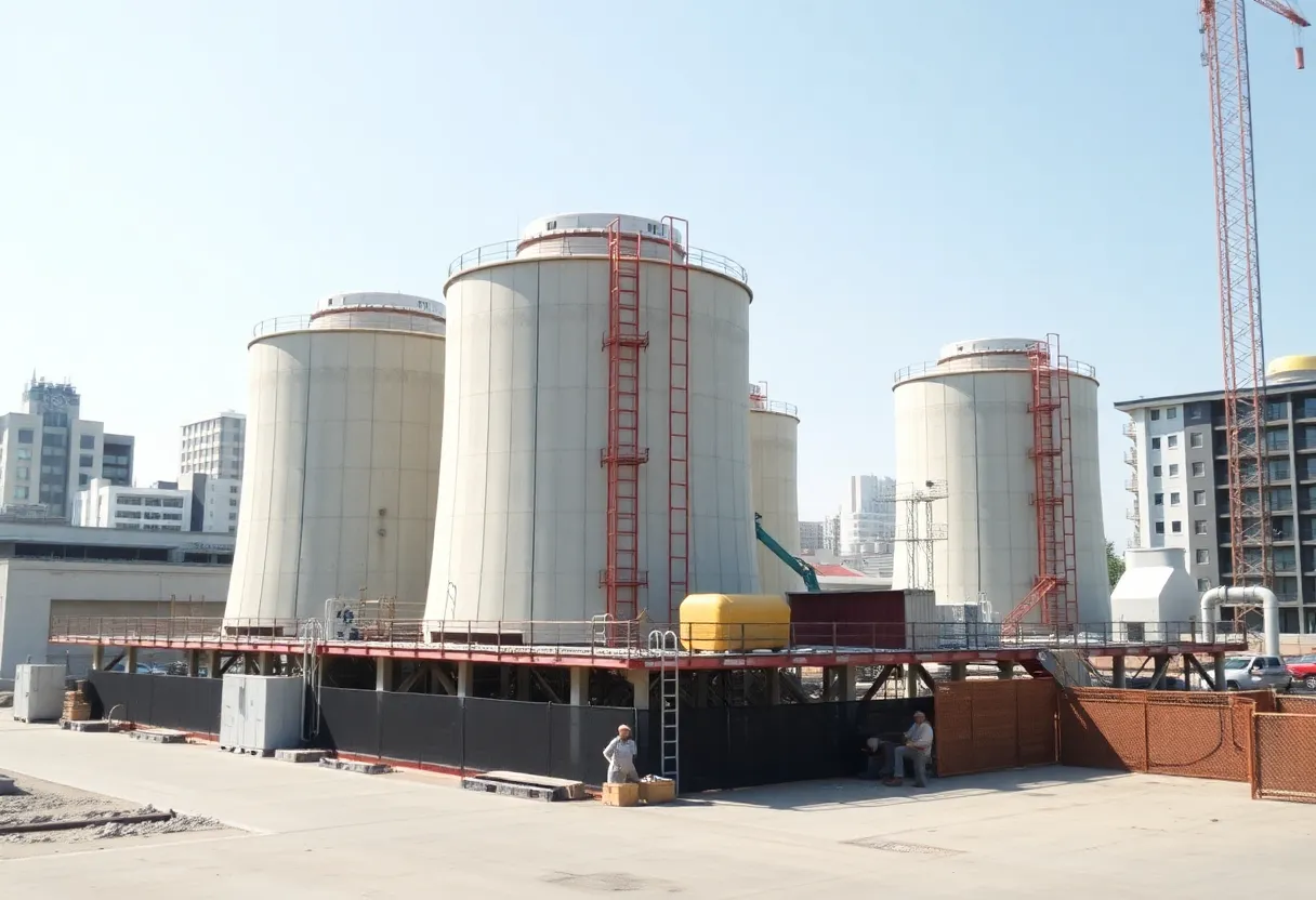 Construction site showing cooling towers and health regulations