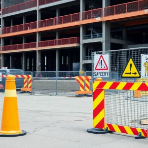 A busy construction site featuring safety measures and construction workers.