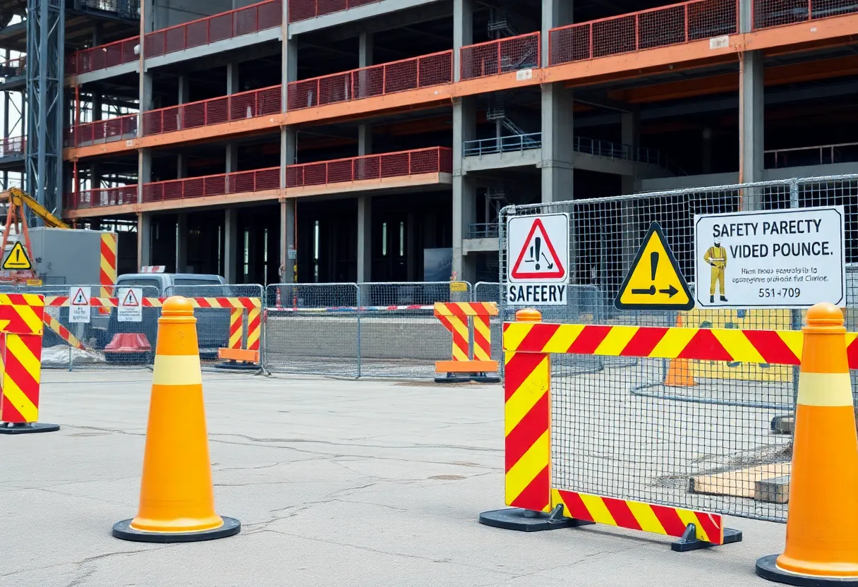 A busy construction site featuring safety measures and construction workers.