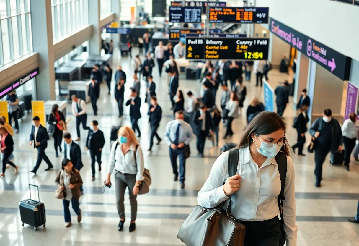 Business travelers at an airport during peak hours