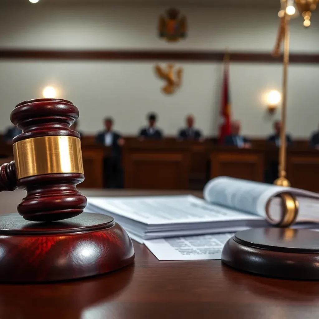 Illustration of a courtroom with legal documents and gavel