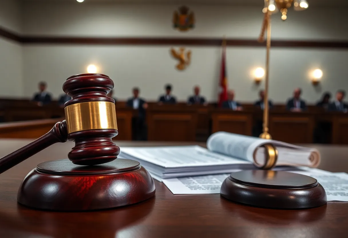Illustration of a courtroom with legal documents and gavel