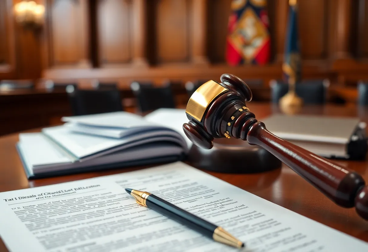 Courtroom with legal documents and gavel