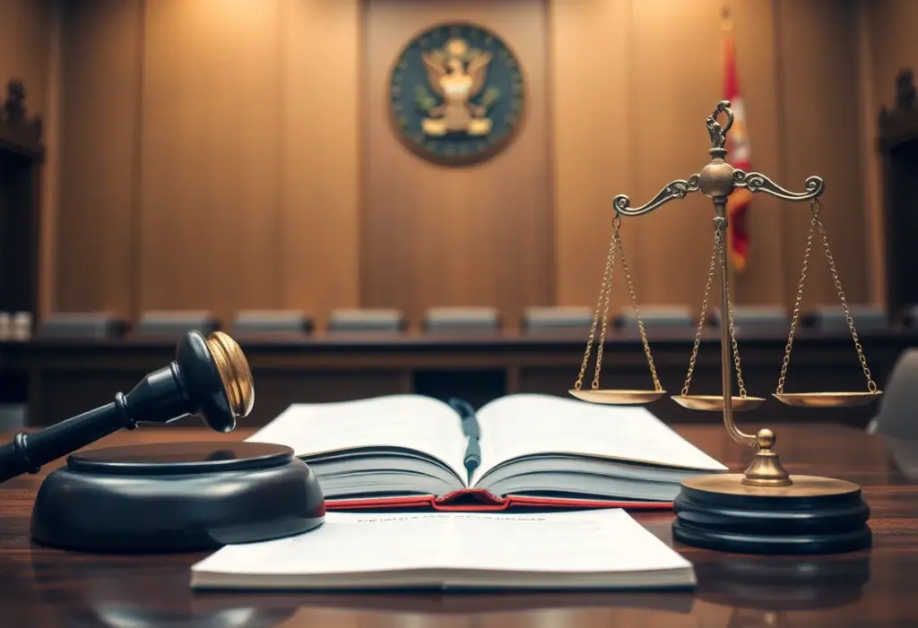 Illustration of a courtroom depicting a dispute over labor laws