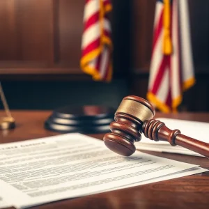 Courtroom with legal documents and gavel