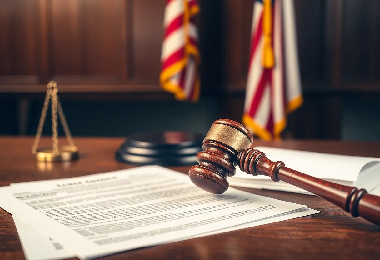Courtroom with legal documents and gavel