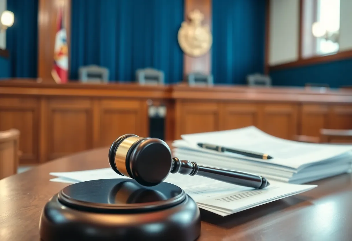 Scene of a courtroom with legal documents and a gavel.