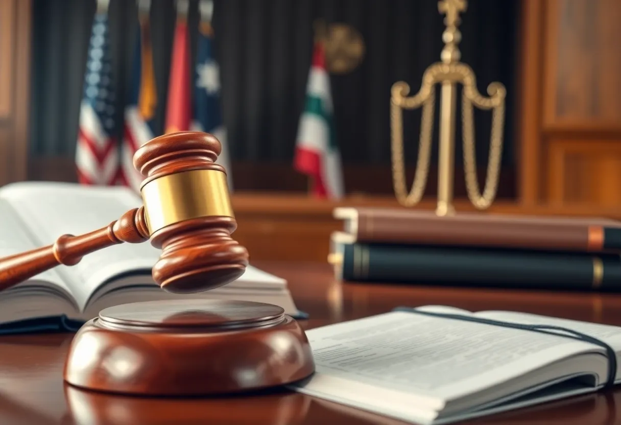 A courtroom with gavel and legal documents