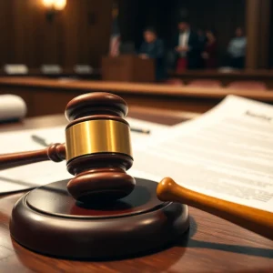 A courtroom during a legal appeal with financial documents and a gavel