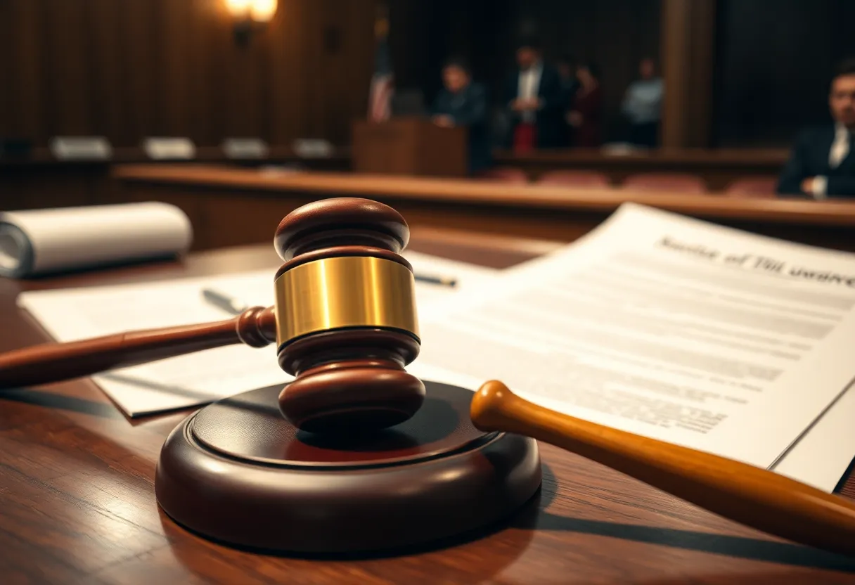 A courtroom during a legal appeal with financial documents and a gavel