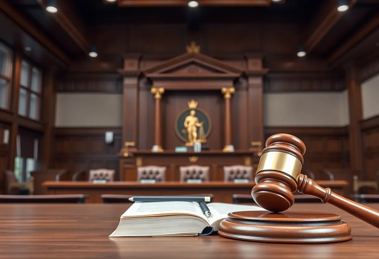 Symbolic image of a courtroom with legal elements