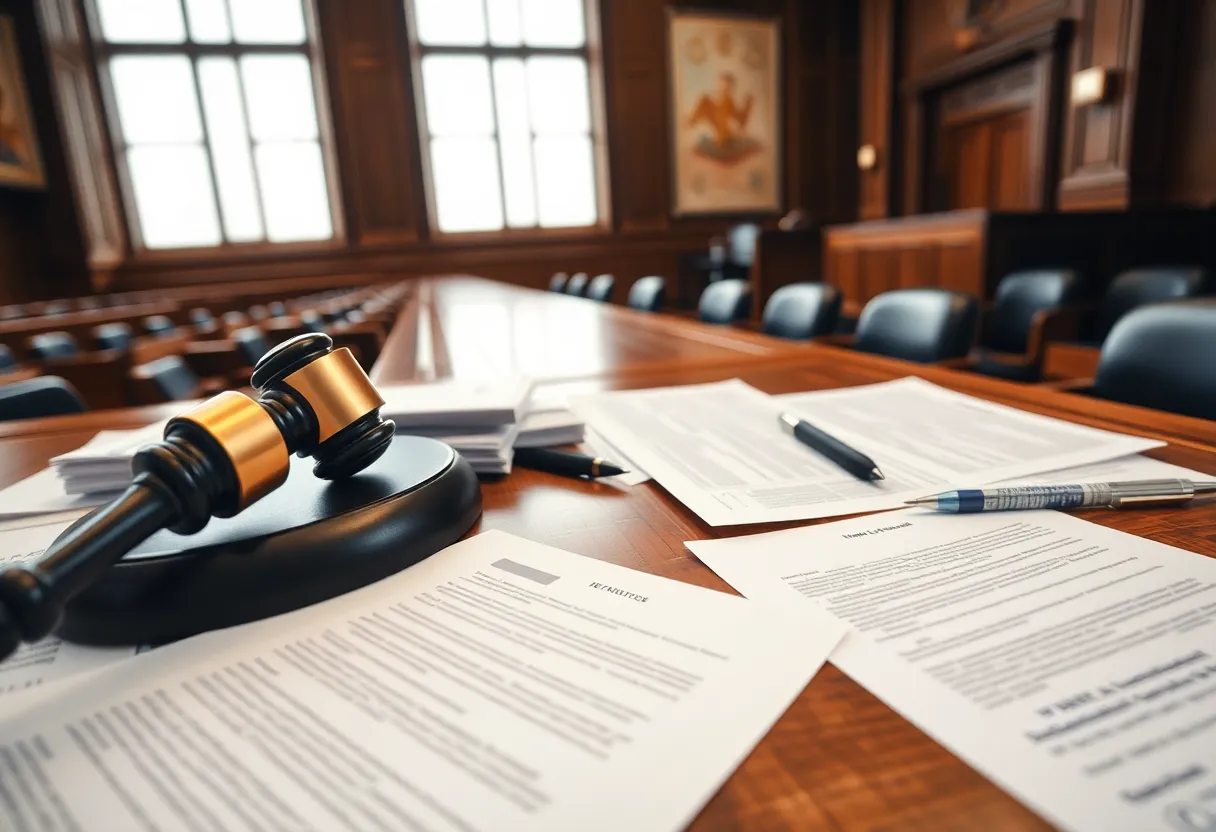 A courtroom with legal documents representing a courtroom case.