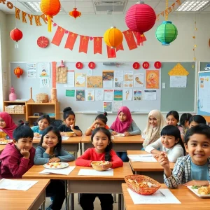 Diverse students celebrating Diwali, Lunar New Year, and Eid in a school setting