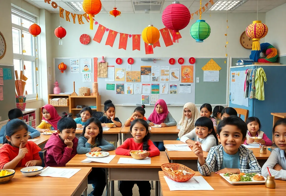 Diverse students celebrating Diwali, Lunar New Year, and Eid in a school setting