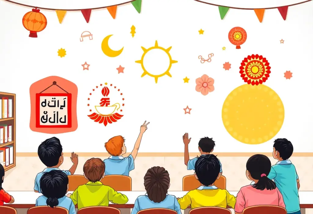 Illustration of cultural symbols for Eid, Diwali, Lunar New Year, and Onam.